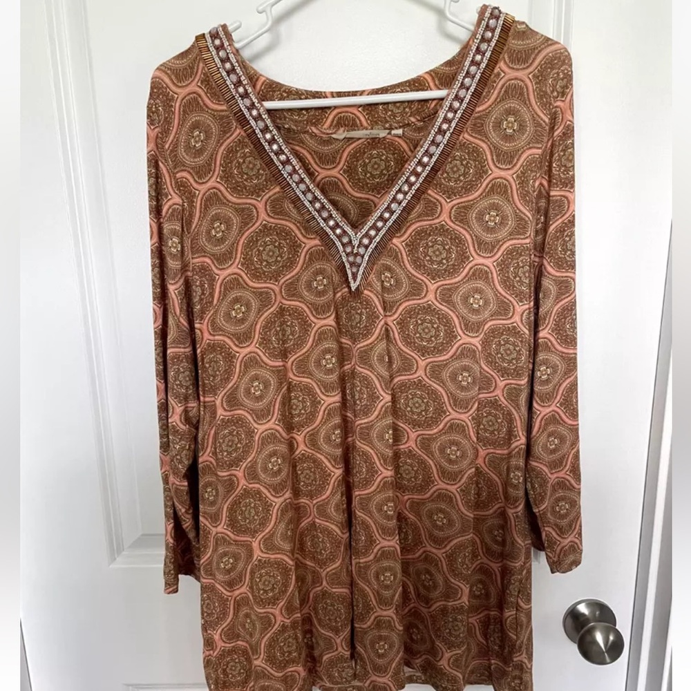 Soft Surroundings Orange tunic with beaded neckline size large Made in India